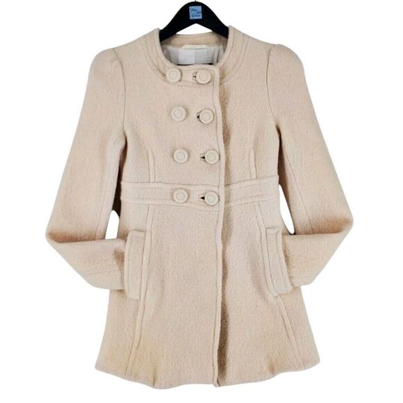 Vtg Y2K French Connection Boiled Wool Pea Coat Blazer Sz 2 Beige Silk Lined READ - Picture 1 of 16